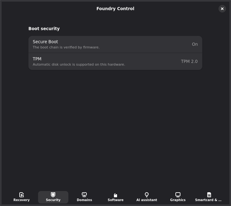 Foundry Control's Security page showing Secure Boot enforcing and TPM 2.0 detected