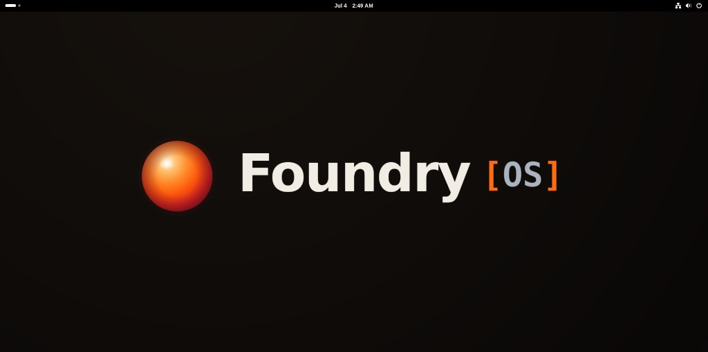 FoundryOS on GNOME — lockup wallpaper with the molten-core mark